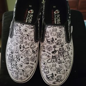 SKECHERS BOBS Black & White Dog Print Slip On NEW